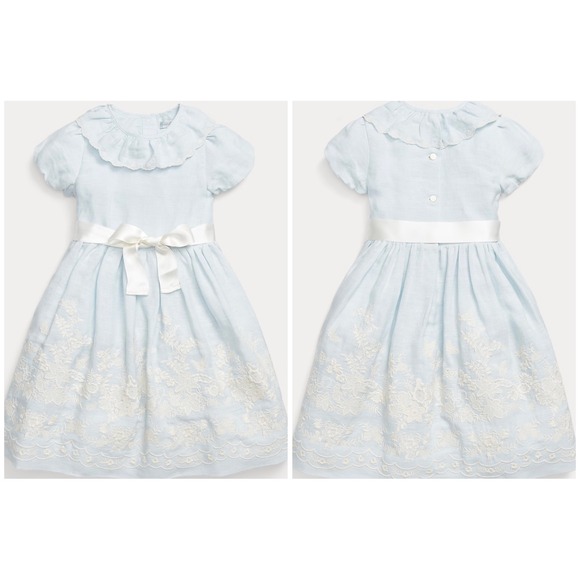 Ralph Lauren Baby Girl Chambray Embroidered DressBlue Floral Sleeveless24M